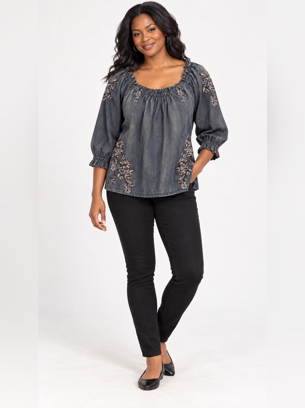 Bandolino Emery Embroidered Peasant Blouse Washed Blue Gray L